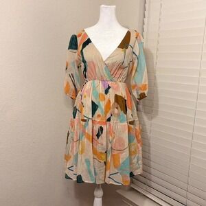 Italian cotton v neck fit and flare cream abstract artsy dress